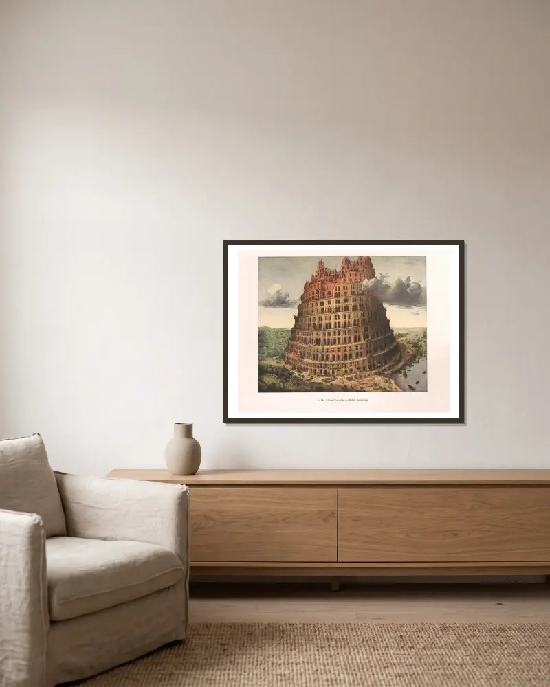 Stavba babylonské věže (malá) – Nr. 1, Pieter Bruegel The Elder v rámu na stěně