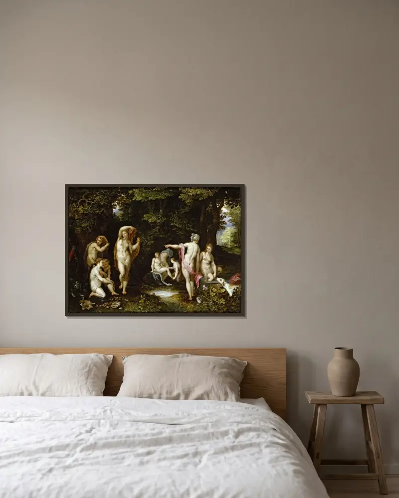 Diana and Actaeon av Jan Brueghel The Elder inramad på en vägg