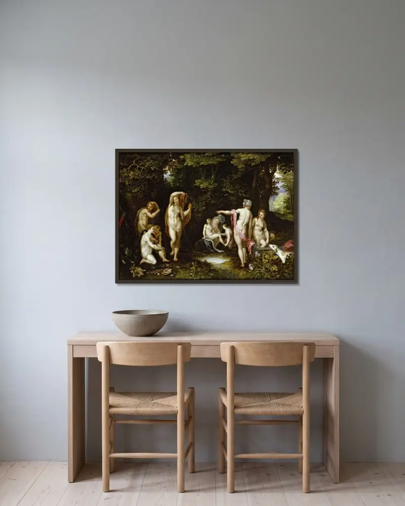 Diana and Actaeon av Jan Brueghel The Elder inramad på en vägg