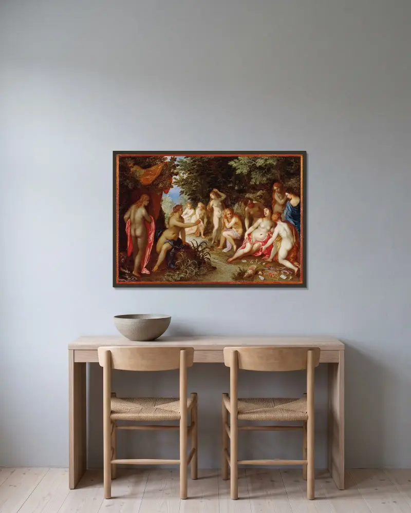 Diana och Callisto av Jan Brueghel The Elder inramad på en vägg