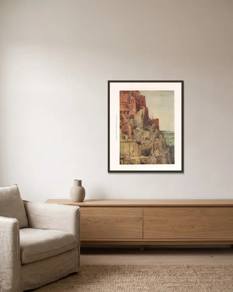 Die Arbeiten am Turmbau av Pieter Bruegel The Elder inramad på en vägg