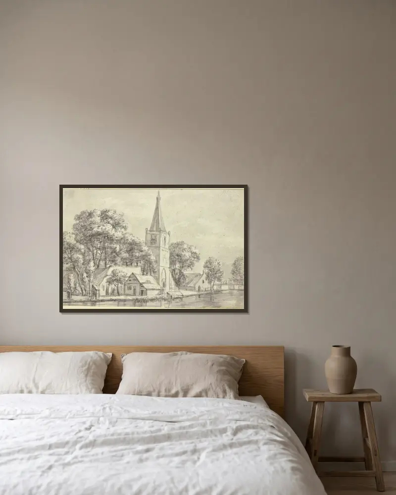 Dorfkirche unter Bäumen am Kanal av Jan Van Kessel The Elder inramad på en vägg