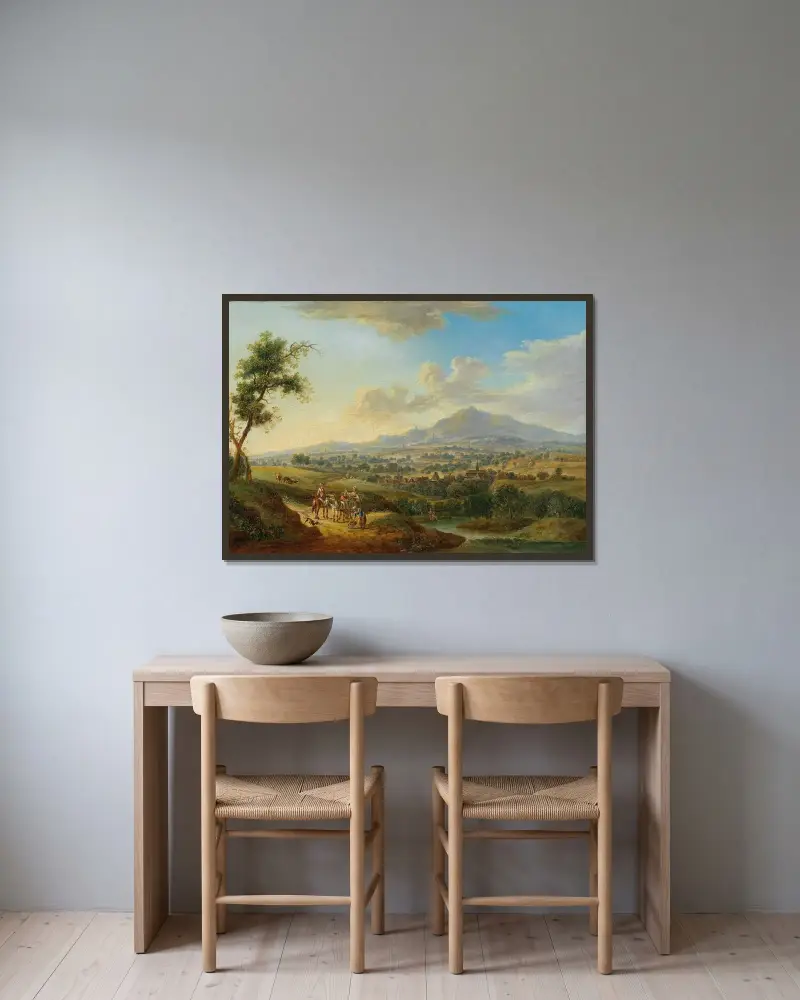 En kuperad flodlandskap med marknadsresenärer och fiskare av Christian Georg Schütz the elder inramad på en vägg