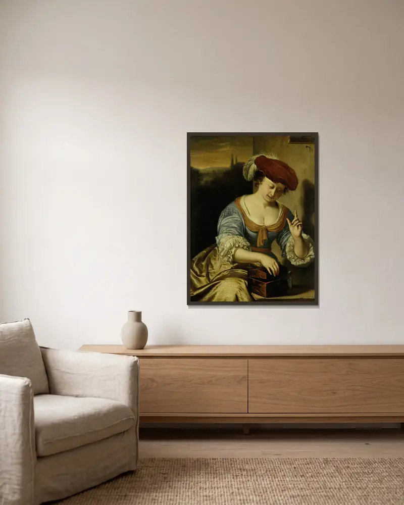 Escaped Bird; Allegory of Chastity av Frans van Mieris the Elder inramad på en vägg