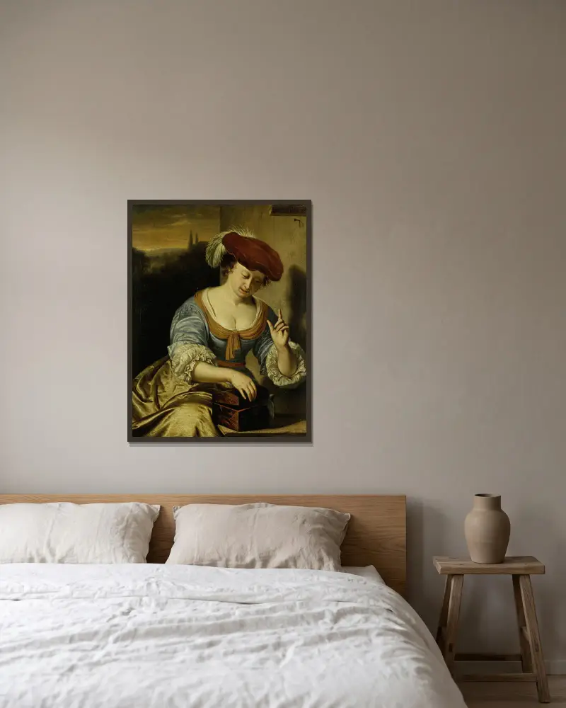 Escaped Bird; Allegory of Chastity av Frans van Mieris the Elder inramad på en vägg