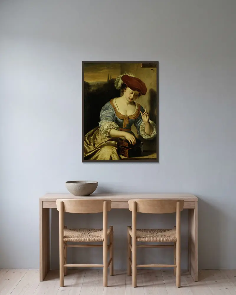 Escaped Bird; Allegory of Chastity av Frans van Mieris the Elder inramad på en vägg