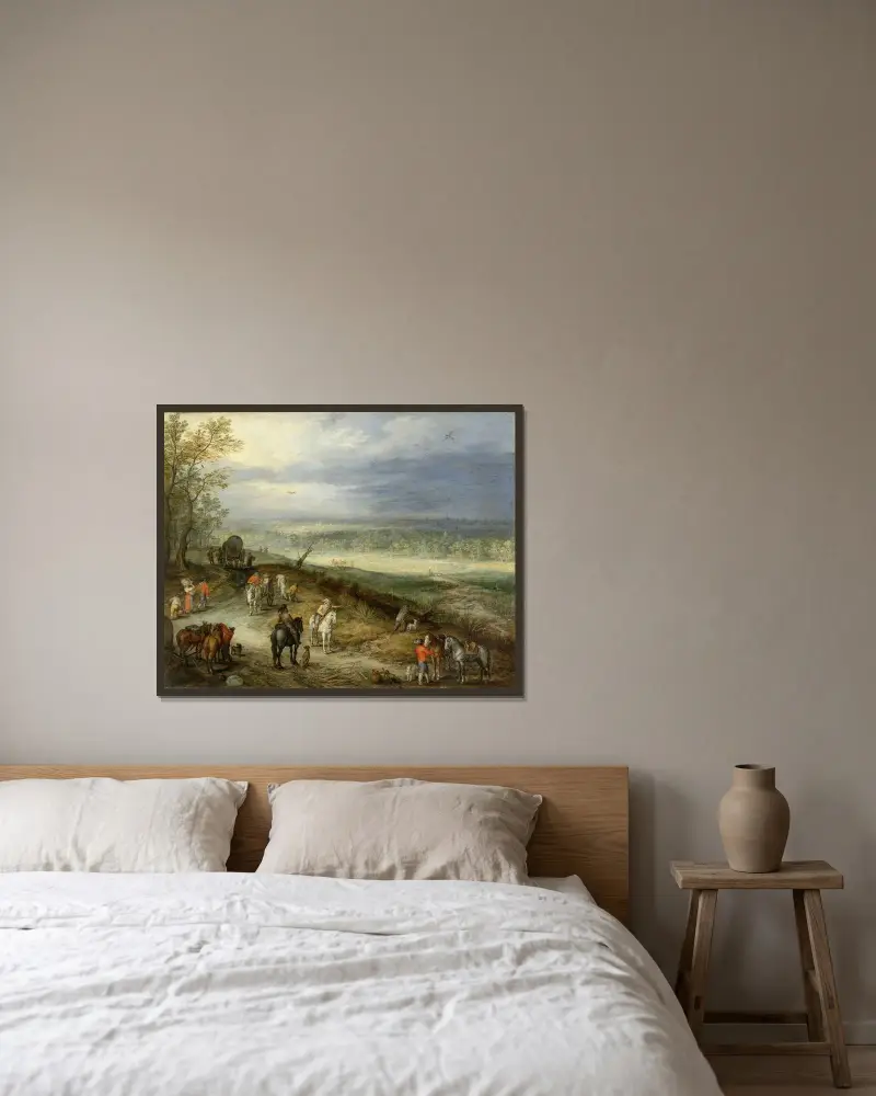 Vidsträckt landskap med resenärer på en landsväg av Jan Brueghel The Elder inramad på en vägg