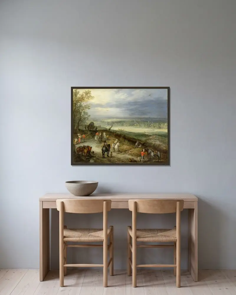 Vidsträckt landskap med resenärer på en landsväg av Jan Brueghel The Elder inramad på en vägg