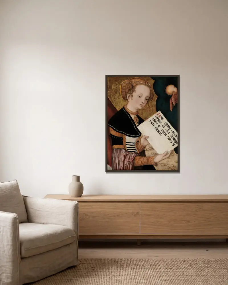 Kvinnligt helgon med skriftrulle, Lucas Cranach the Elder v rámu na stěně