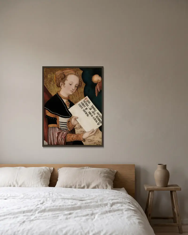 Kvinnligt helgon med skriftrulle, Lucas Cranach the Elder v rámu na stěně
