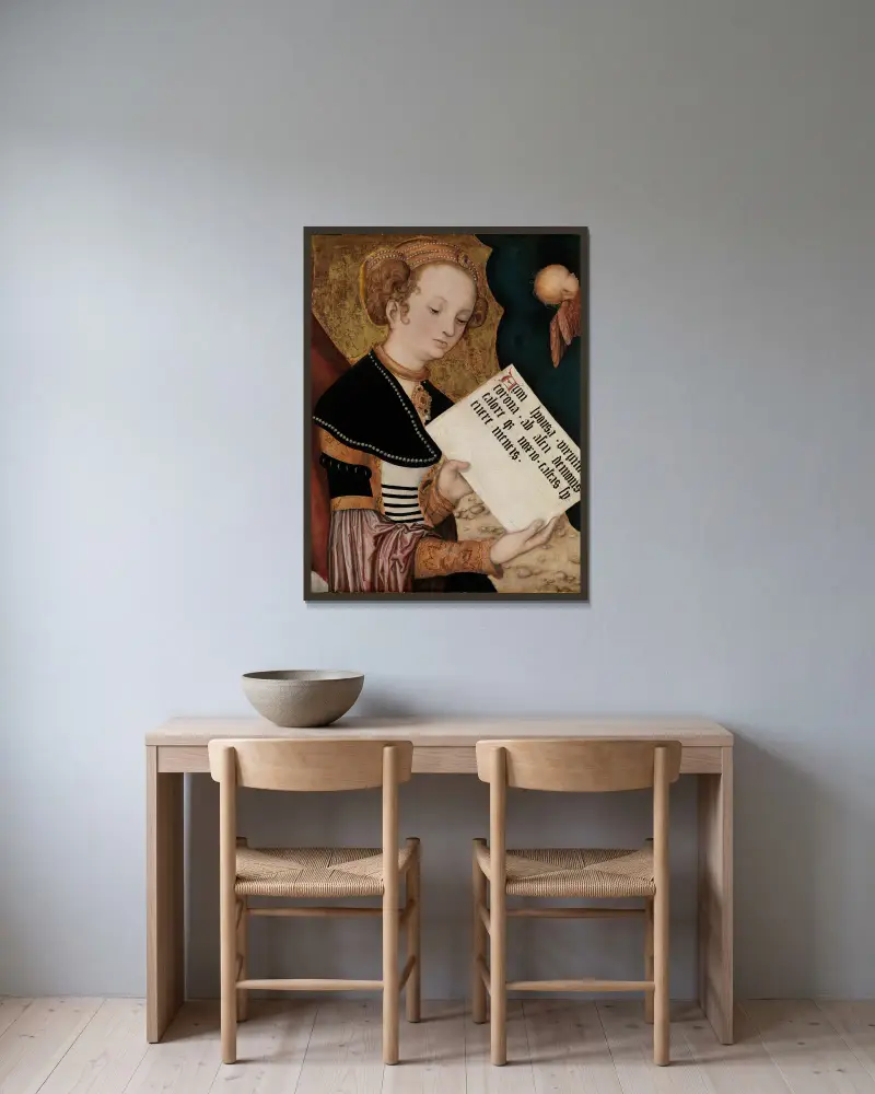 Kvinnligt helgon med skriftrulle, Lucas Cranach the Elder v rámu na stěně