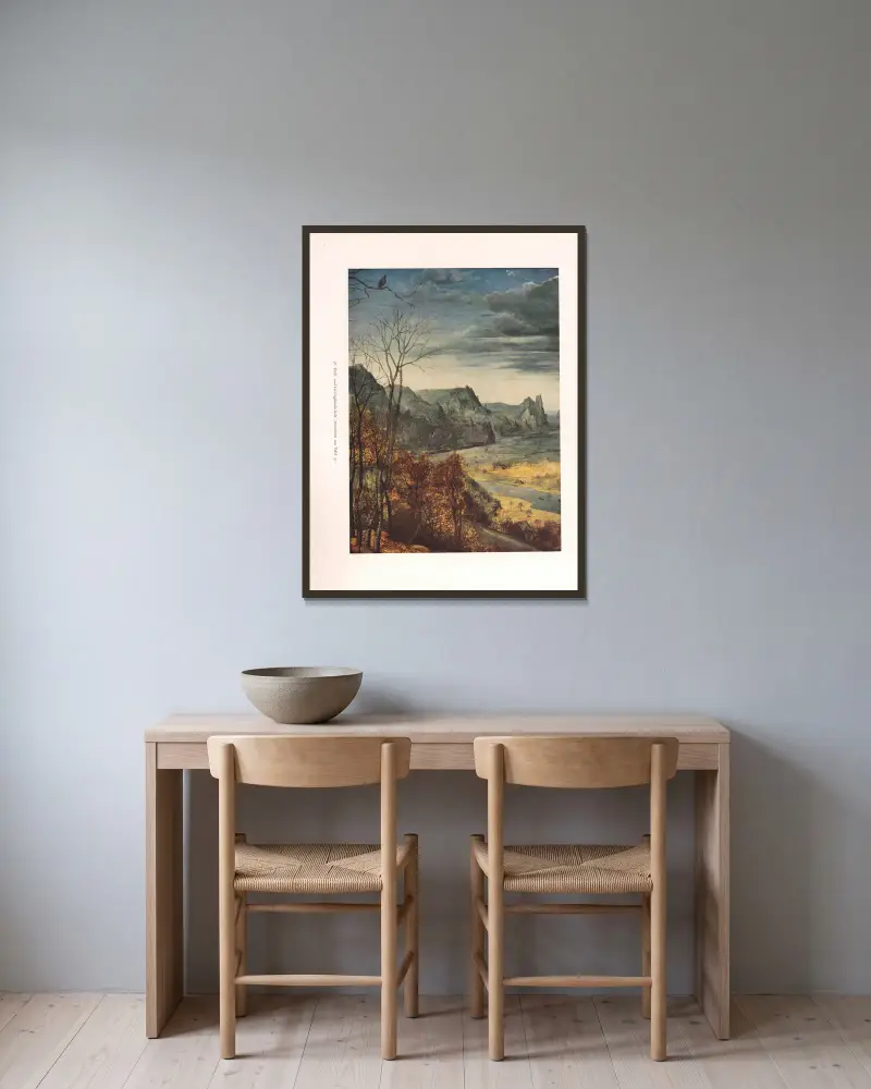 Fluss- und Gebirgslandschaft von Pieter Bruegel The Elder gerahmt an einer Wand
