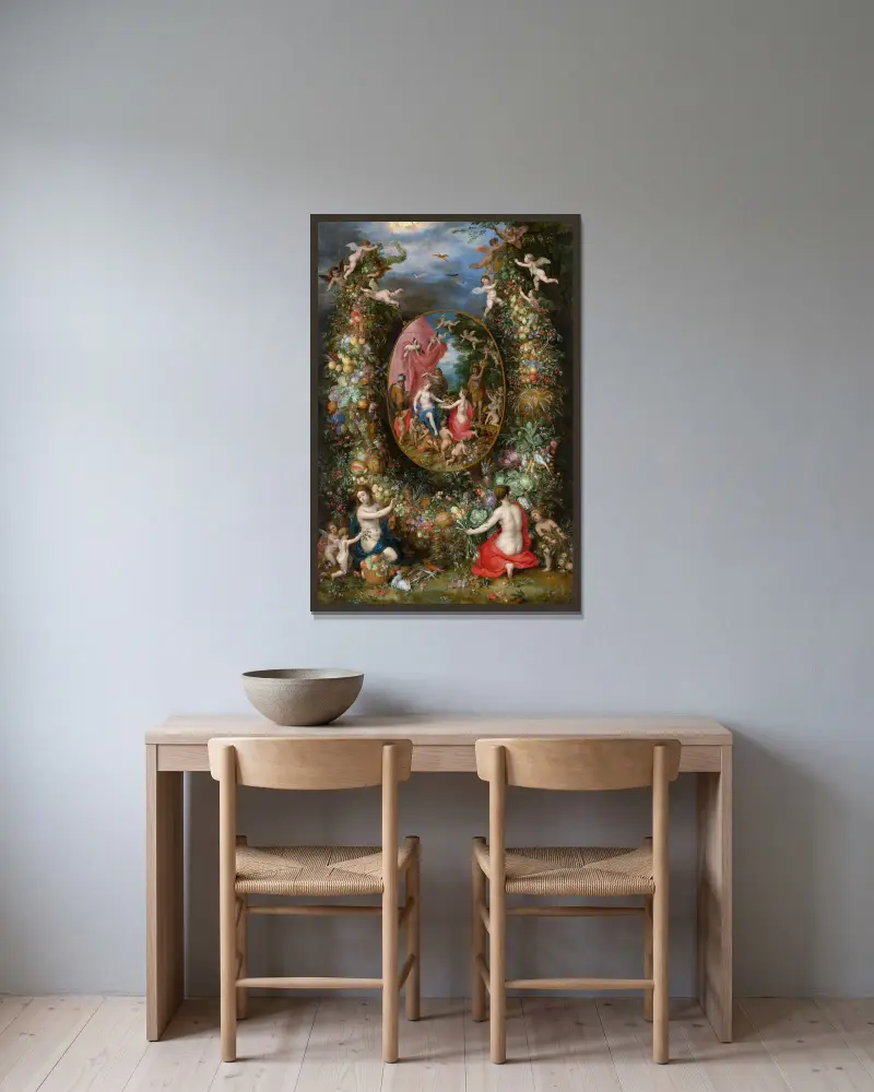 Garland of Fruit Surrounding a Depiction of Cybele Receiving Gifts From Personifications of The Four Seasons av Jan Brueghel The Elder inramad på en vägg