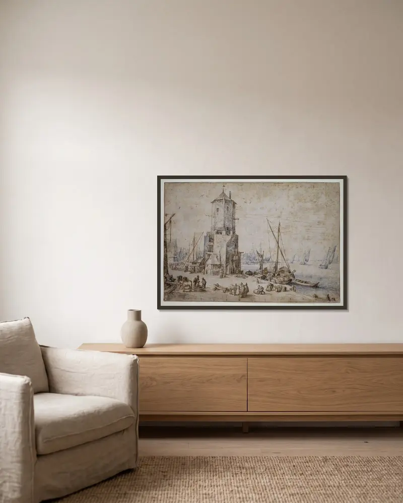 Hamnvy med åttkantigt torn och segelbåtar av Jan Brueghel The Elder inramad på en vägg