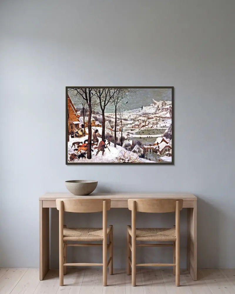 Lovci ve sněhu (Zima), Pieter Bruegel The Elder v rámu na stěně