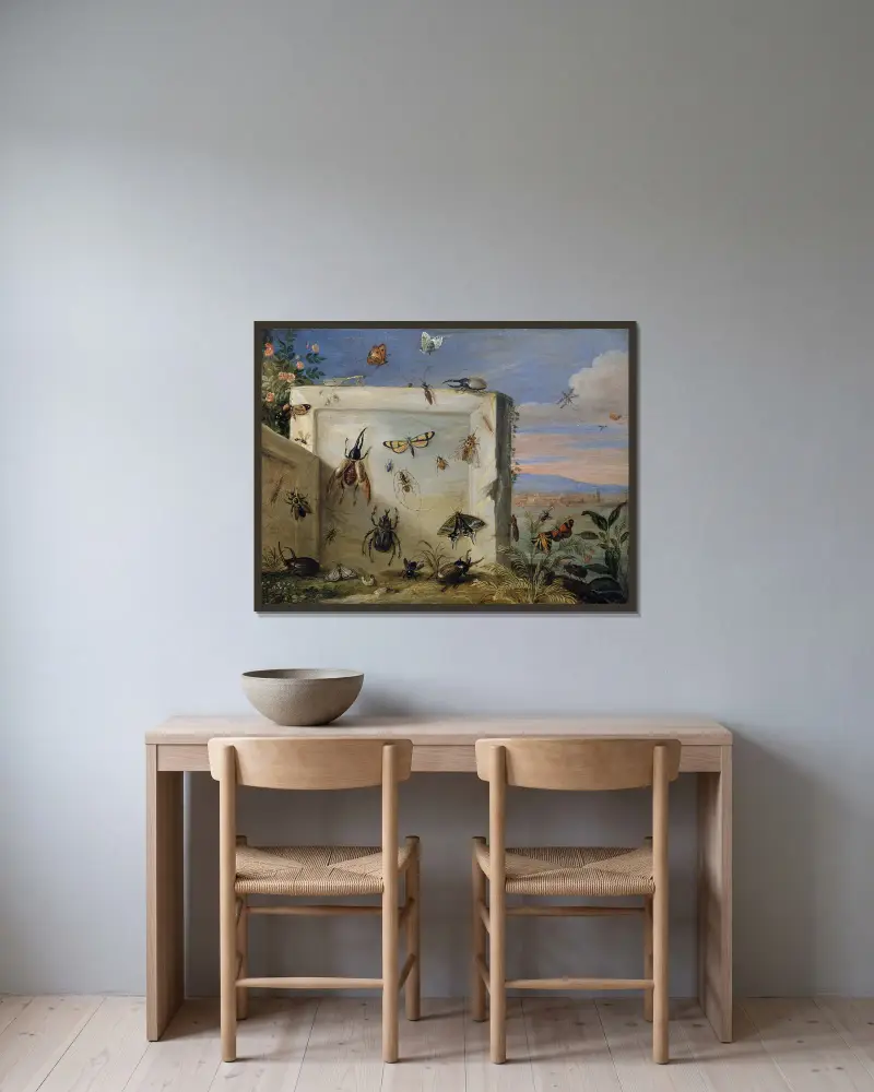 Insekten auf einer Steinplatte von Jan Van Kessel The Elder gerahmt an einer Wand