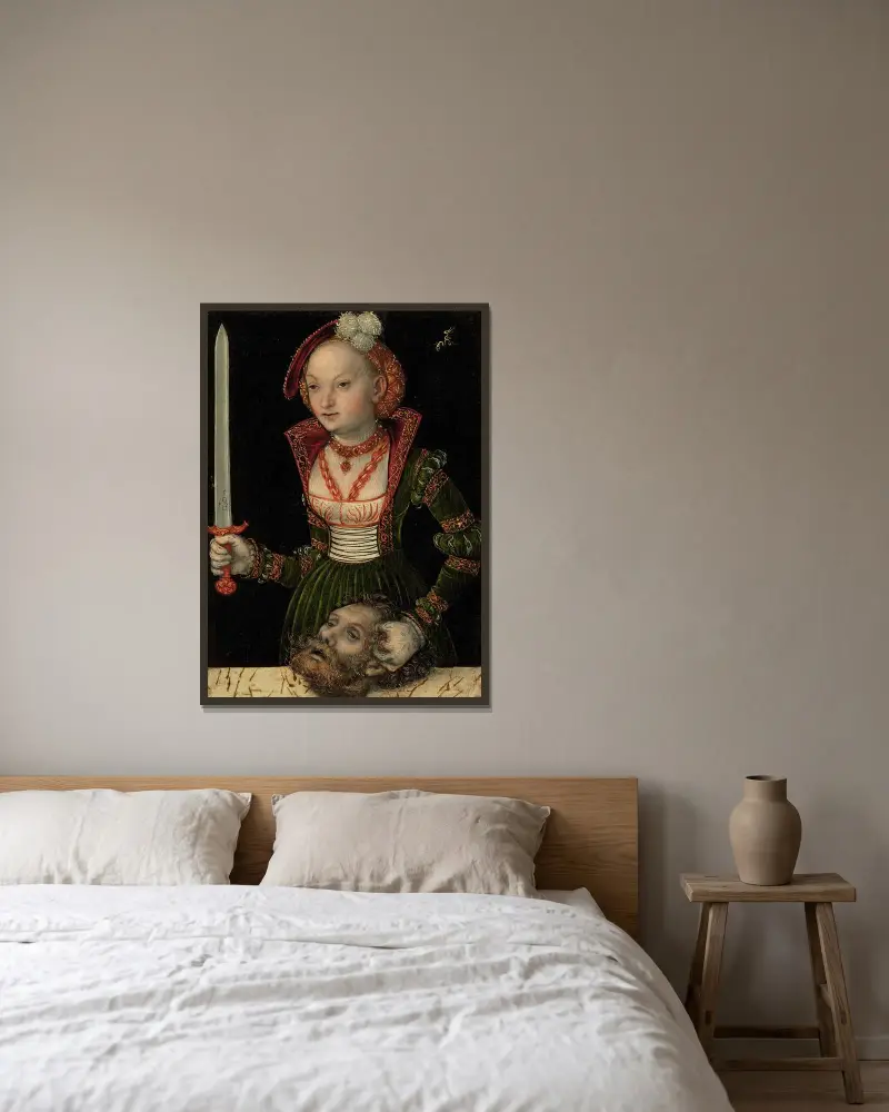 Judith und Holofernes von Lucas Cranach the Elder gerahmt an einer Wand