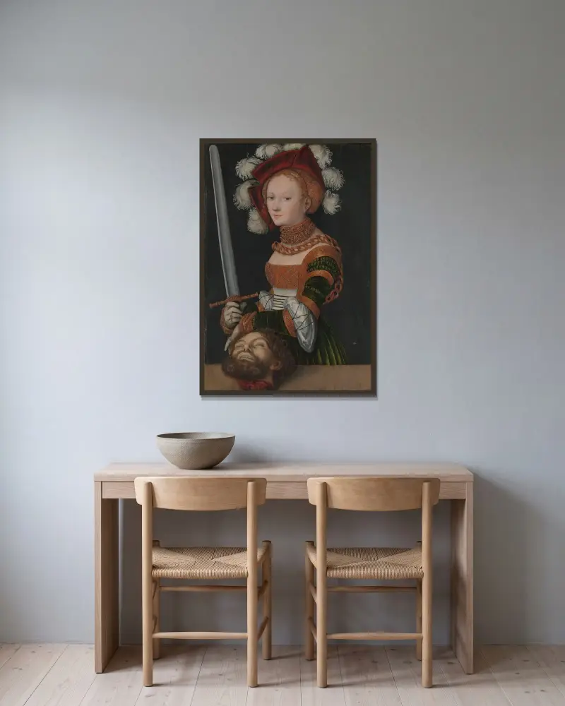 Judit med Holofernes huvud av Lucas Cranach the Elder inramad på en vägg