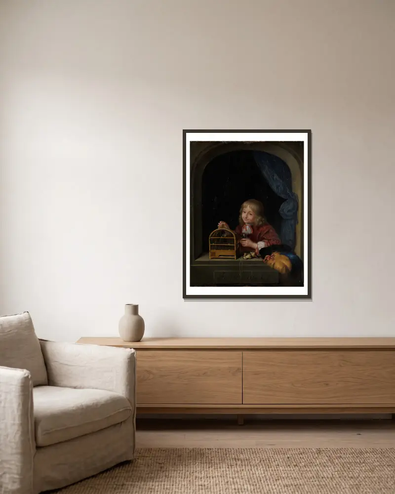 Knabe mit Vogelkäfig im Fenster av Frans van Mieris the Elder inramad på en vägg