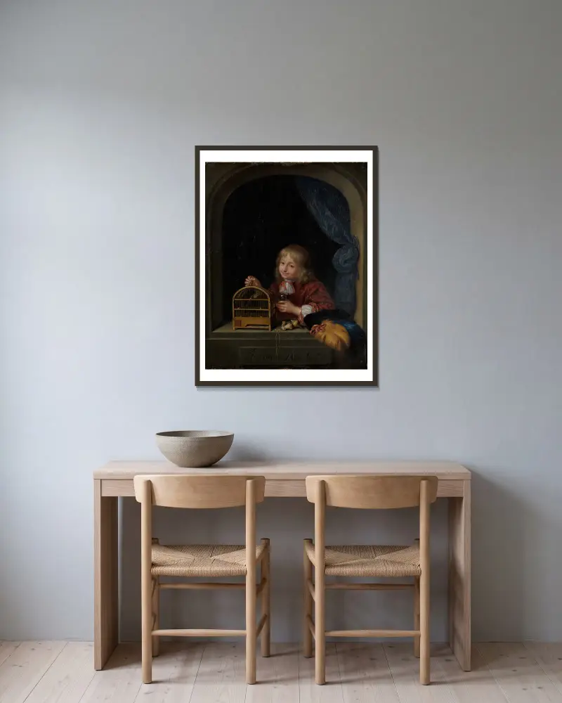 Knabe mit Vogelkäfig im Fenster av Frans van Mieris the Elder inramad på en vägg
