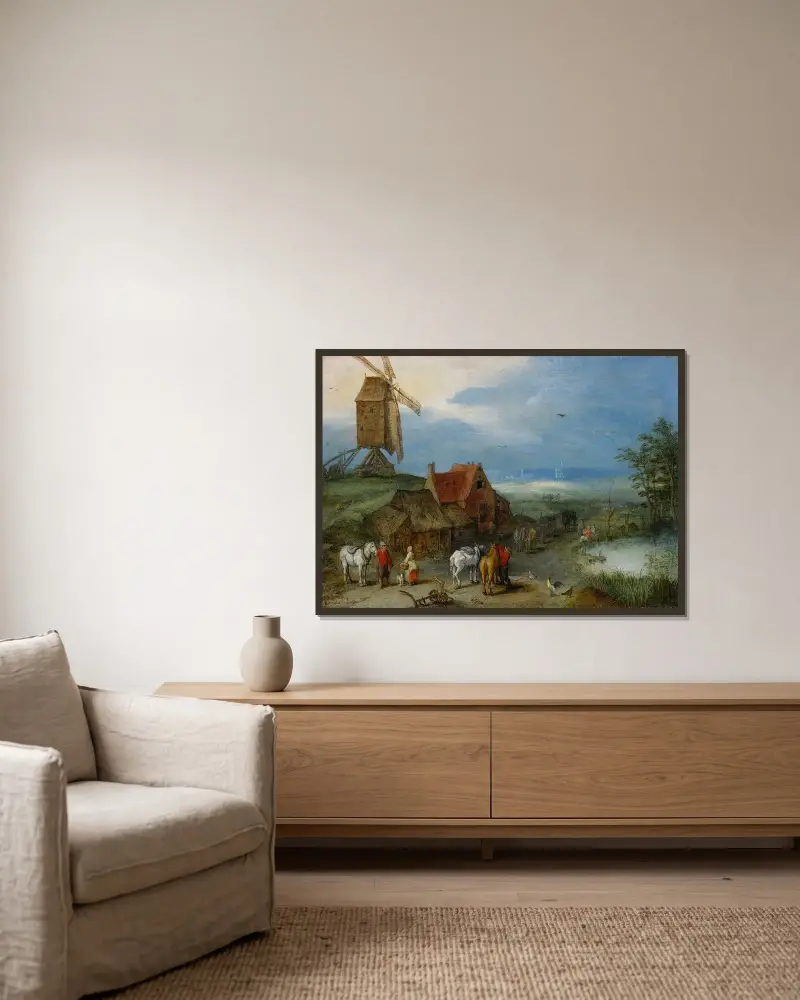 Landskap med väderkvarn, diverse figurer, hästar och djur nära en bondgård av Jan Brueghel The Elder inramad på en vägg