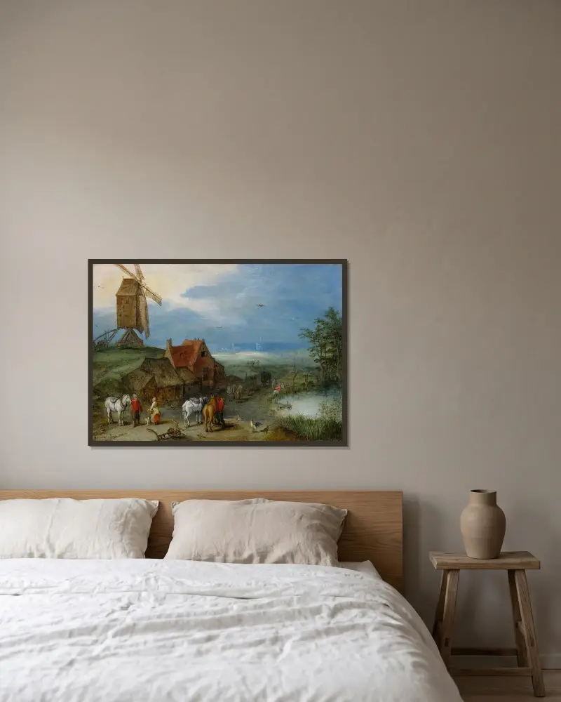 Landskap med väderkvarn, diverse figurer, hästar och djur nära en bondgård av Jan Brueghel The Elder inramad på en vägg