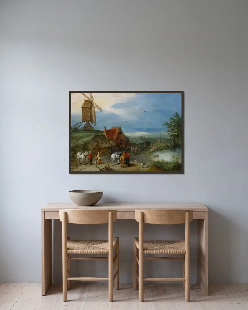 Landskap med väderkvarn, diverse figurer, hästar och djur nära en bondgård av Jan Brueghel The Elder inramad på en vägg