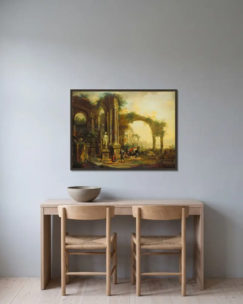 Landskap med antika ruiner och två packmulor av Christian Georg Schütz the elder inramad på en vägg