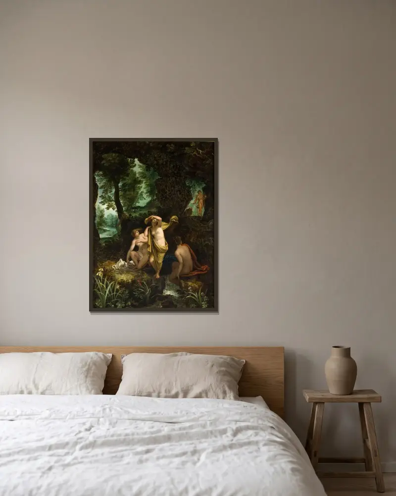 Landskap med Diana och Aktaion av Jan Brueghel The Elder inramad på en vägg