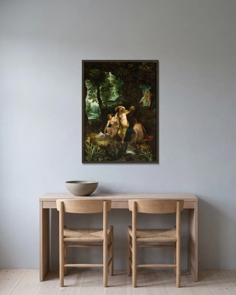 Landskap med Diana och Aktaion av Jan Brueghel The Elder inramad på en vägg