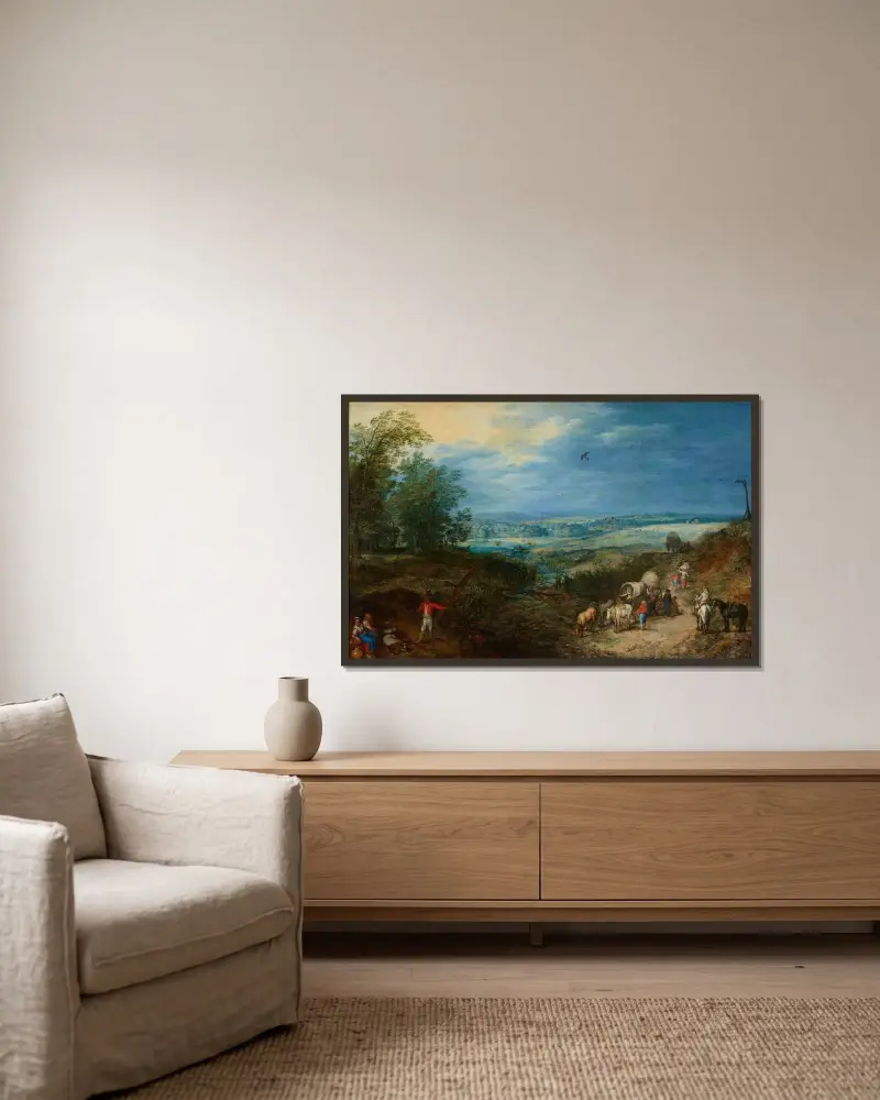 Landskap med bönder av Jan Brueghel The Elder inramad på en vägg