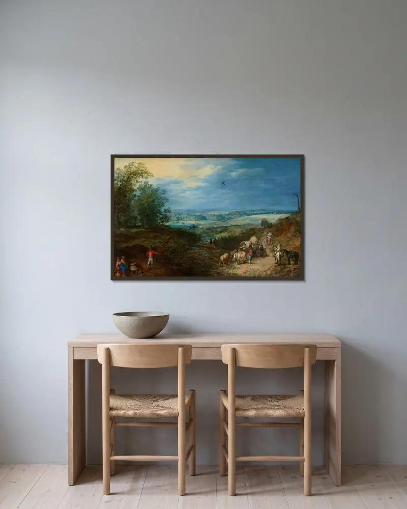 Landskap med bönder av Jan Brueghel The Elder inramad på en vägg