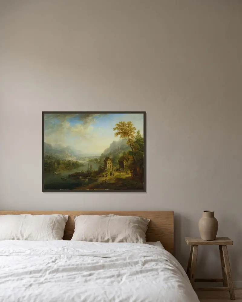 Landschaft mit Fluss von Christian Georg Schütz the elder gerahmt an einer Wand