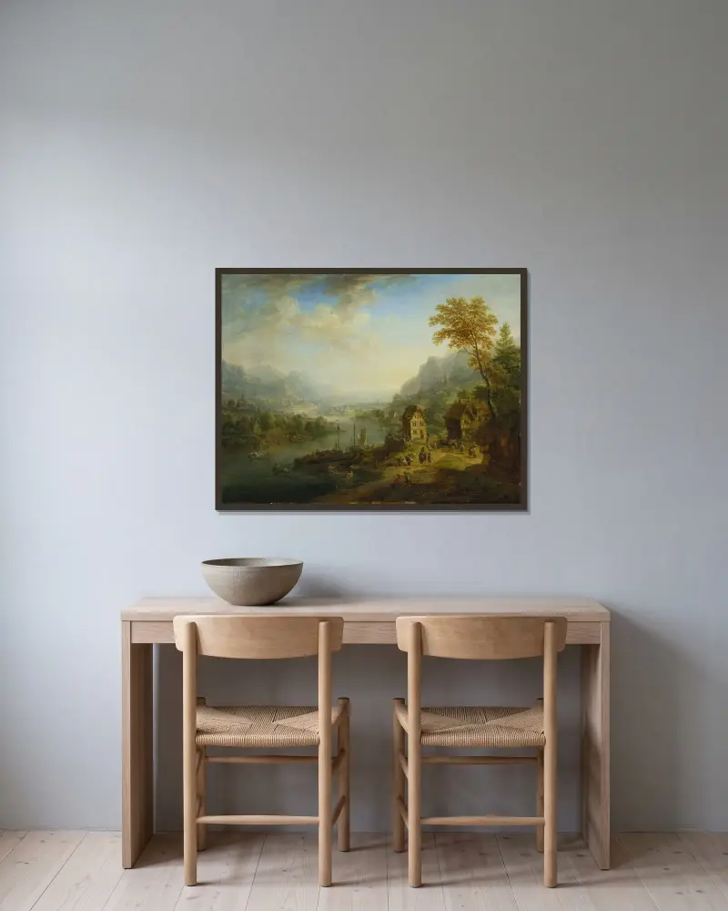 Landschaft mit Fluss von Christian Georg Schütz the elder gerahmt an einer Wand
