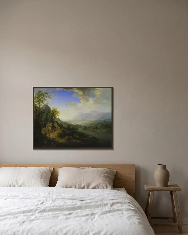 Landskap med flod av Christian Georg Schütz the elder inramad på en vägg