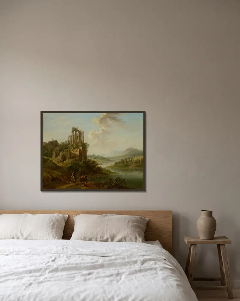Landschaft mit Tempelruine von Christian Georg Schütz the elder gerahmt an einer Wand