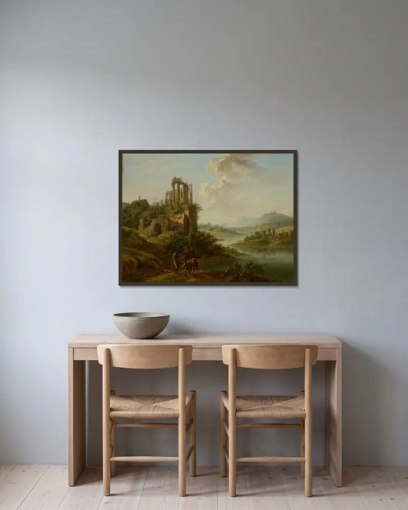 Landschaft mit Tempelruine von Christian Georg Schütz the elder gerahmt an einer Wand
