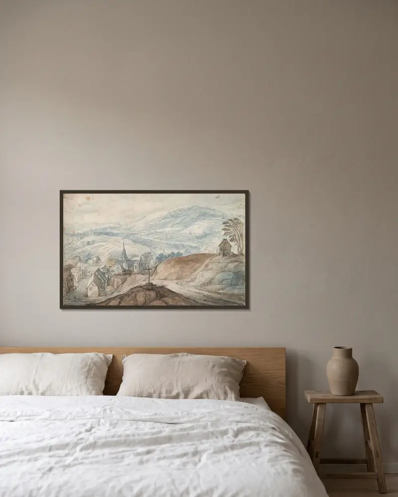 Landskap med by vid vägskäl och utsikt i fjärran av Jan Brueghel The Elder inramad på en vägg