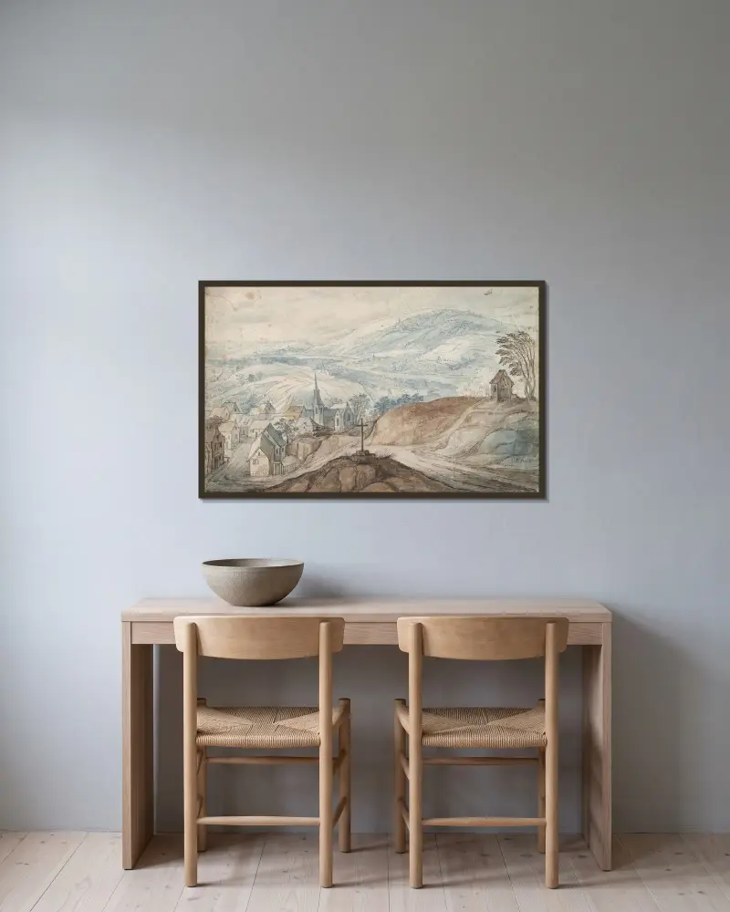 Landskap med by vid vägskäl och utsikt i fjärran av Jan Brueghel The Elder inramad på en vägg