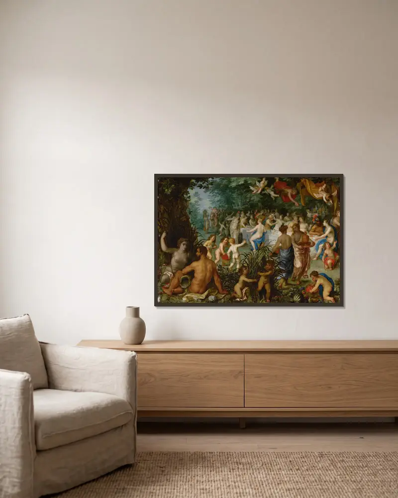 Landscape With Wedding Of Peleus And Thetis av Jan Brueghel The Elder inramad på en vägg