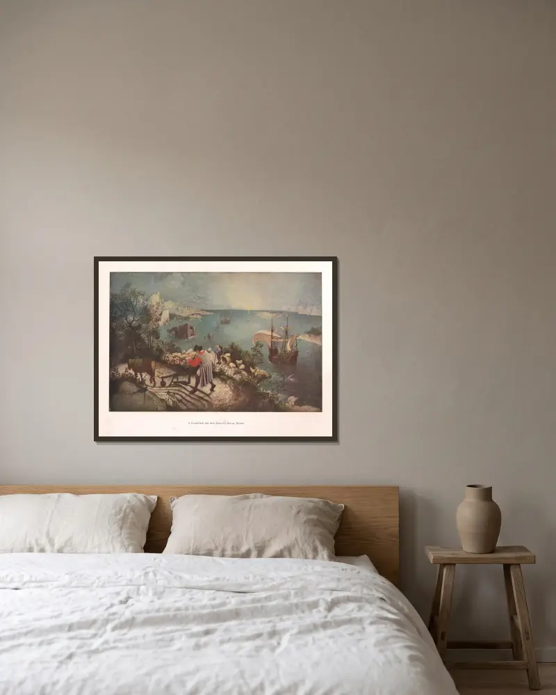 Landschaft mit dem Sturz des Ikarus av Pieter Bruegel The Elder inramad på en vägg