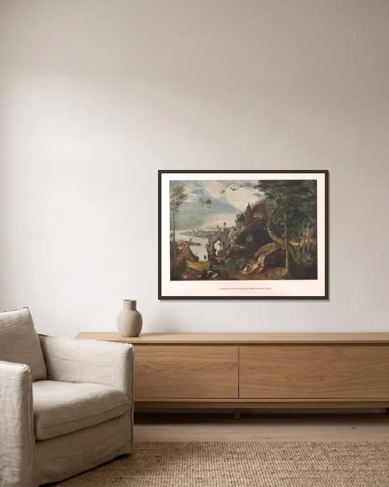 Landschaft mit der Versuchung des heiligen Antonius av Pieter Bruegel The Elder inramad på en vägg