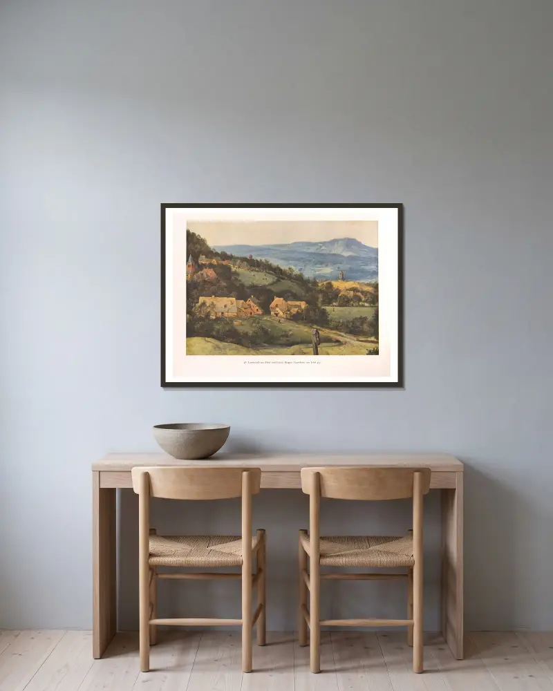 Landschaft mit Dorf und fernen Bergen av Pieter Bruegel The Elder inramad på en vägg
