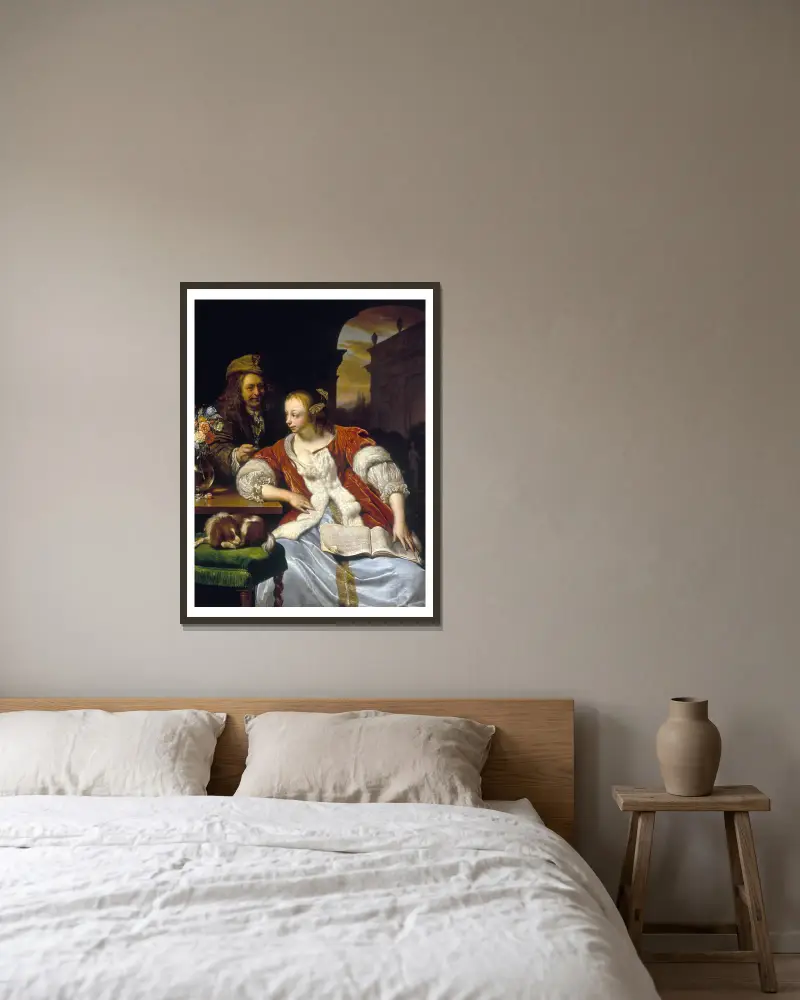 Le chant interrompu; portrait de l’artiste et sa femme av Frans van Mieris the Elder inramad på en vägg