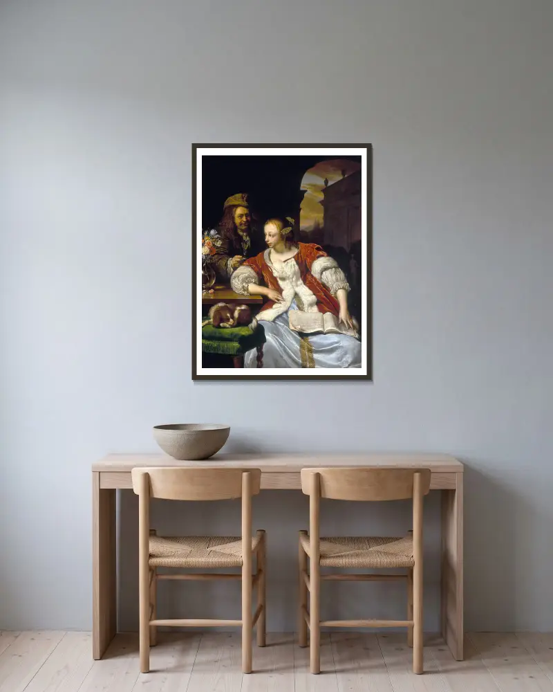 Le chant interrompu; portrait de l’artiste et sa femme av Frans van Mieris the Elder inramad på en vägg