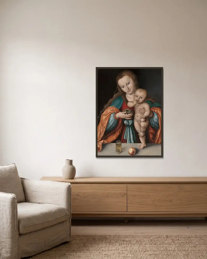 Madonna mit Kind, 1535 von Lucas Cranach the Elder gerahmt an einer Wand