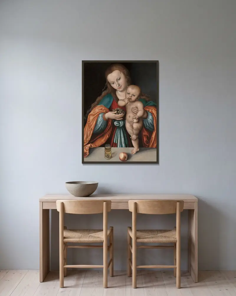 Madonna mit Kind, 1535 von Lucas Cranach the Elder gerahmt an einer Wand