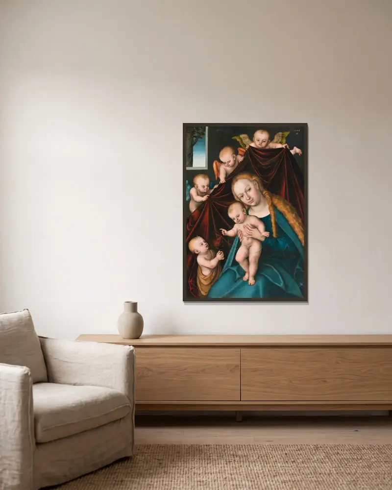 Madonna and Child with Infant Saint John the Baptist and Angels av Lucas Cranach the Elder inramad på en vägg
