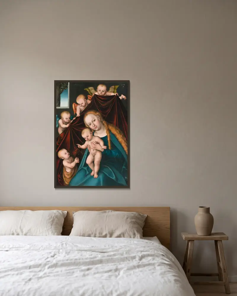 Madonna and Child with Infant Saint John the Baptist and Angels av Lucas Cranach the Elder inramad på en vägg