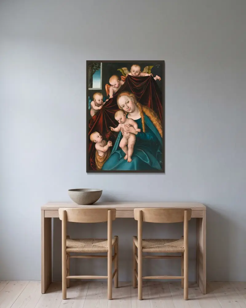 Madonna and Child with Infant Saint John the Baptist and Angels av Lucas Cranach the Elder inramad på en vägg